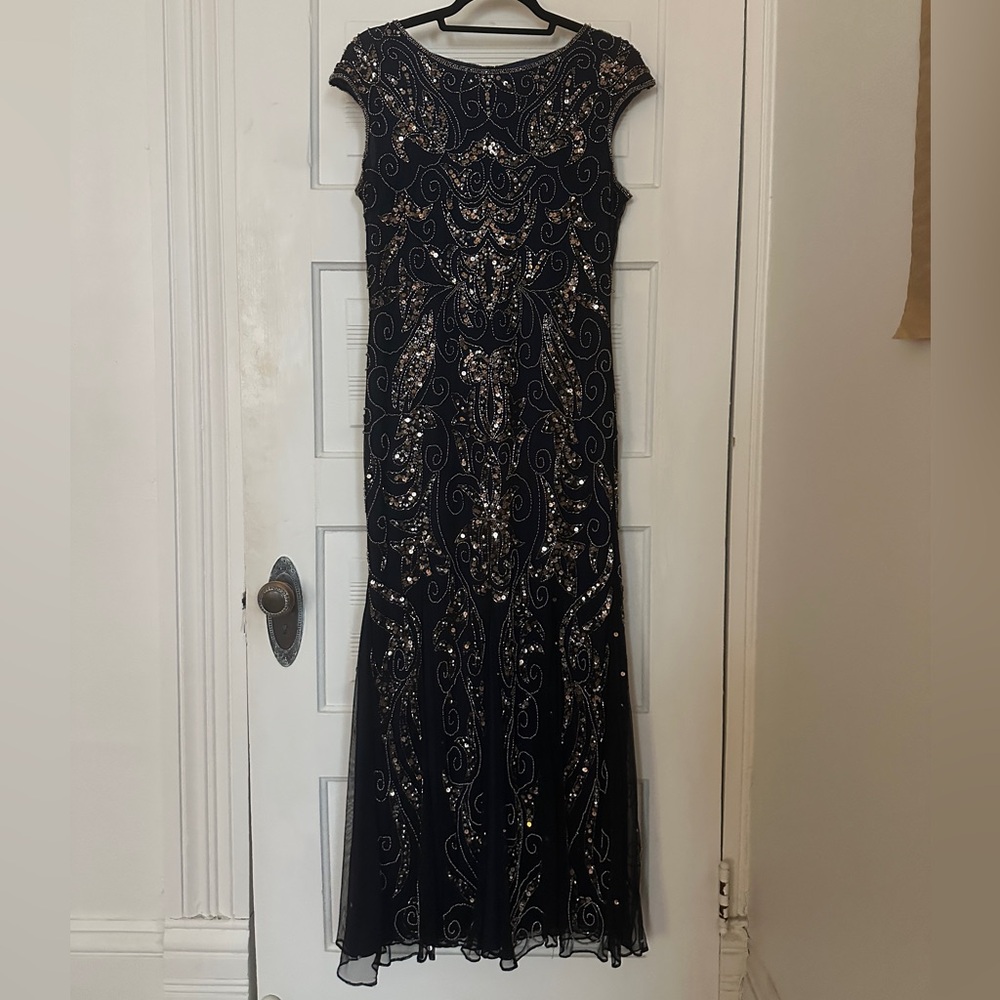 VINTAGE Black Beaded Evening Gown with Metallic Accents